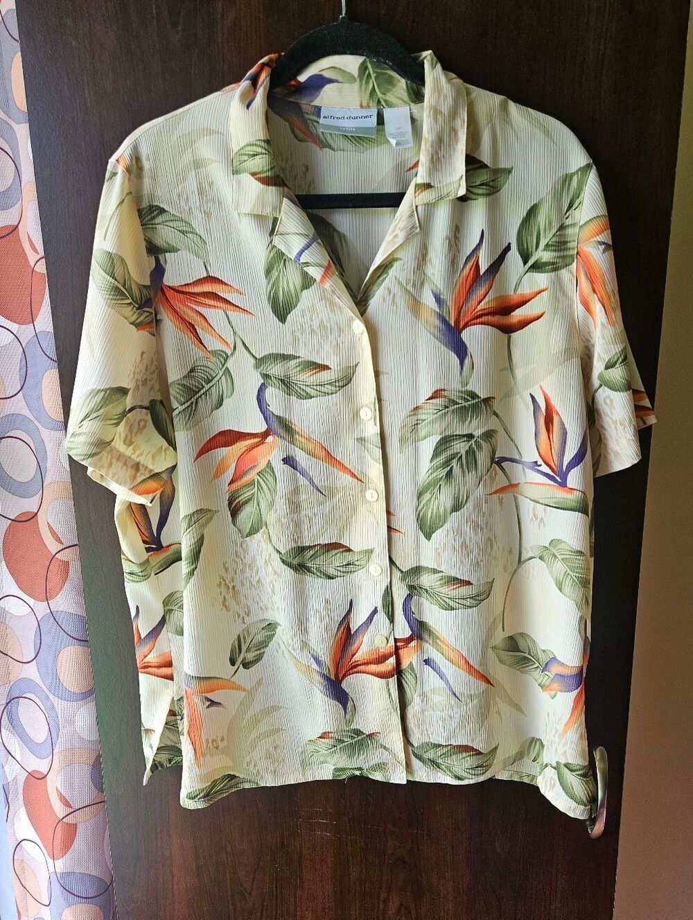 Alfred Dunner Cream Botanical Print Blouse with Green and Orange Accents 16P